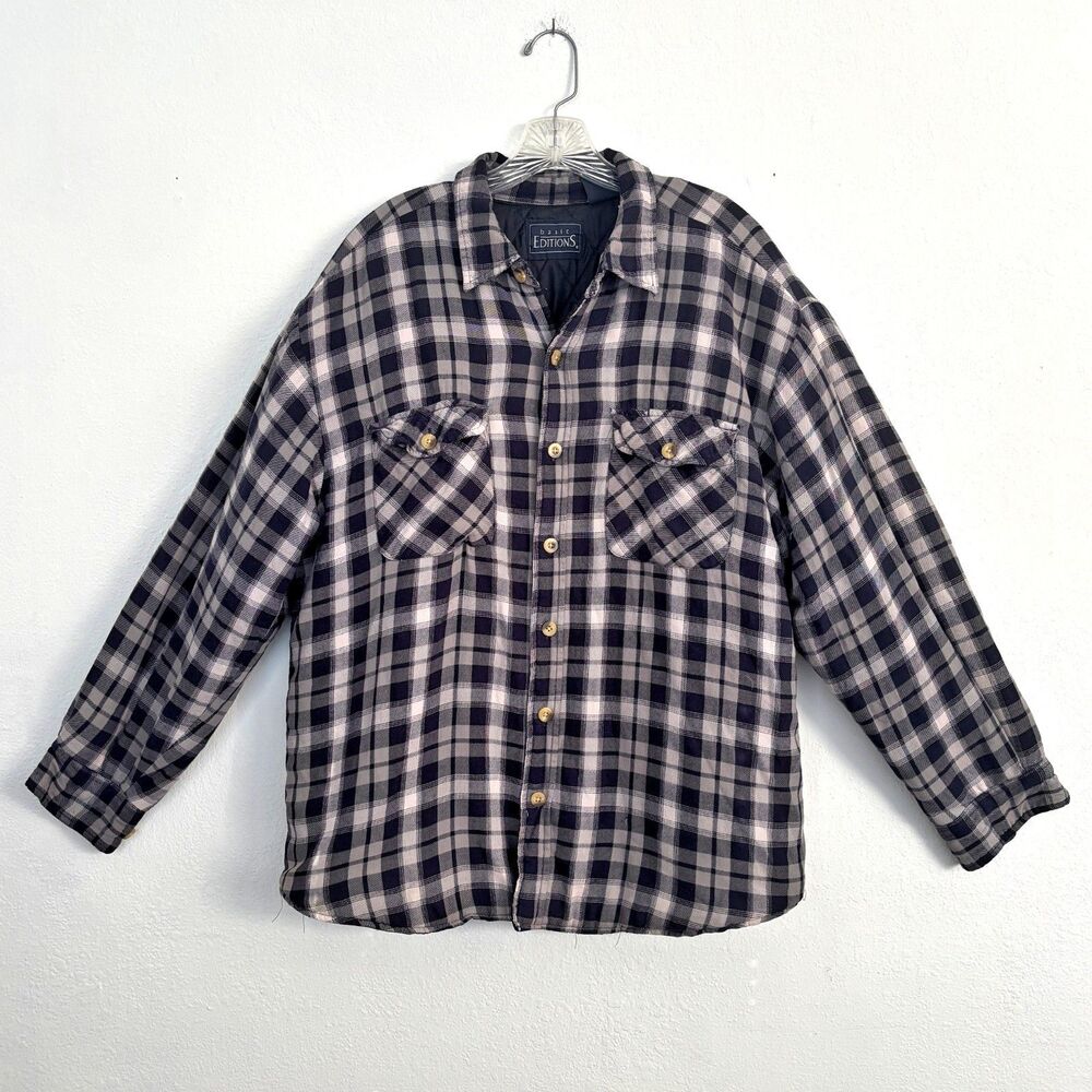 Mens Plaid Flannel Shirt Jacket Size Large Shaket Quilted Outdoor Button Up